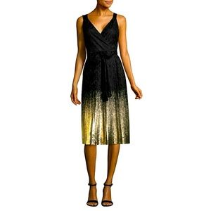 Petite Size 4P Lace Ombre Black Metallic Gold Foil Pleated Skirt 25” length
